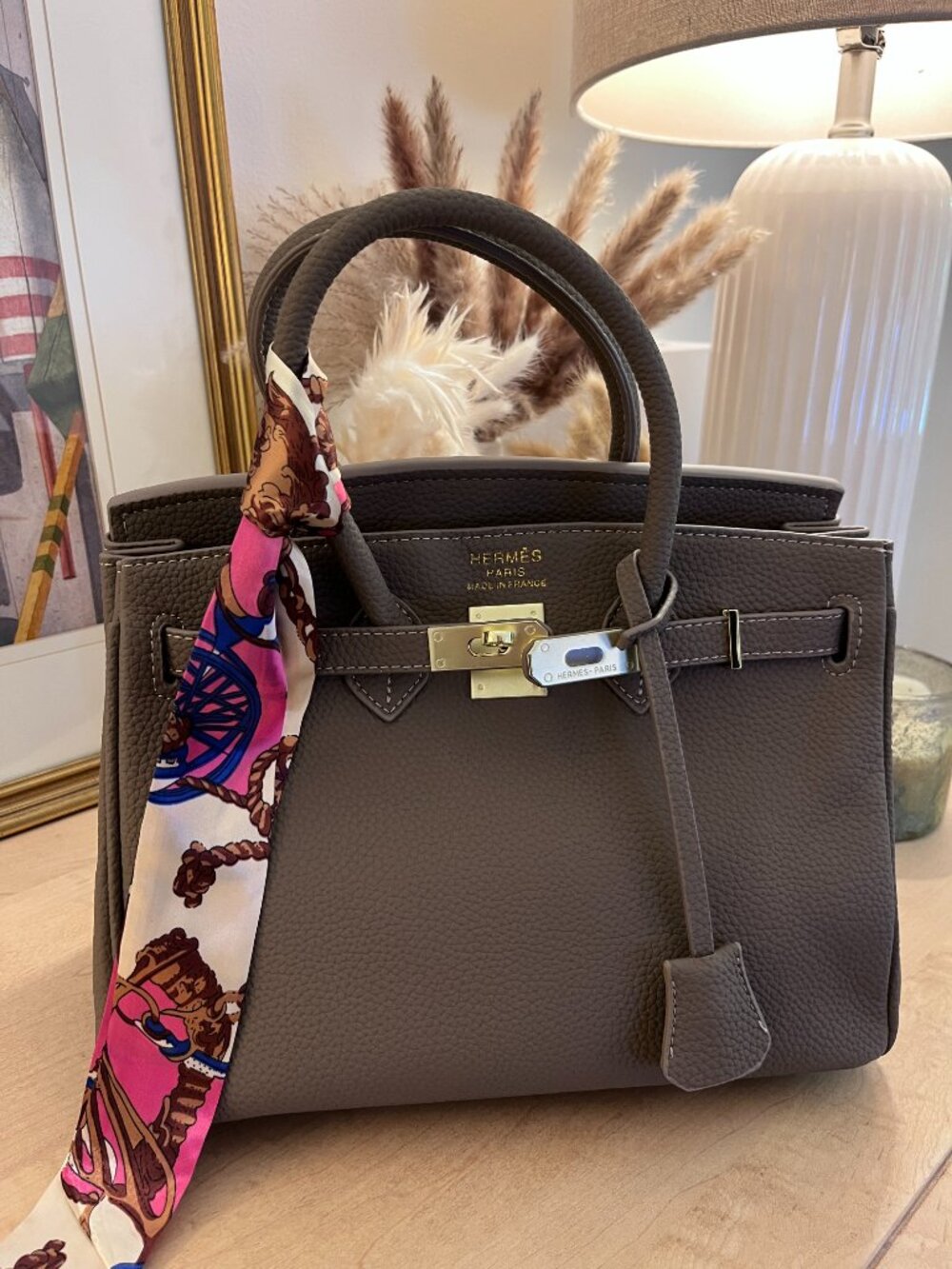 Taupe Leather Luxury Handbag 30cm